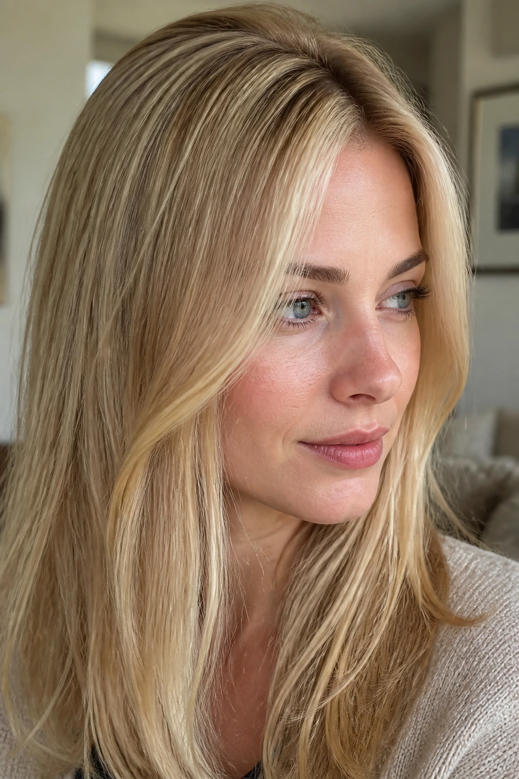 Close-up portrait of a real woman with hair featuring golden veil highlights