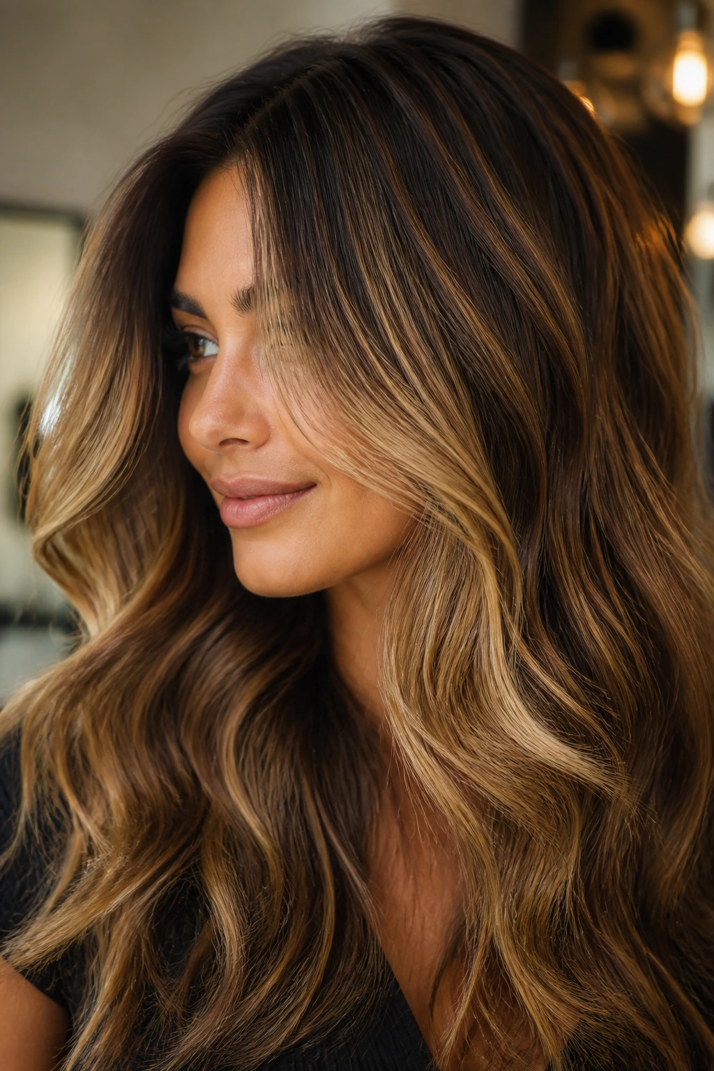 Close-up of thick hair with golden veil highlights