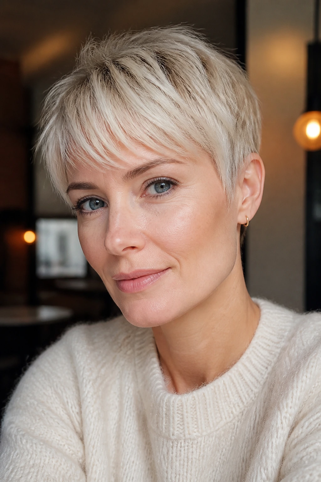 Close-up portrait of a woman with golden veil platinum pixie hairstyle.