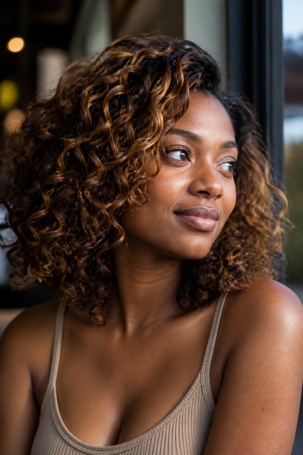 Close-up portrait of deep-skinned woman with golden walnut highlights