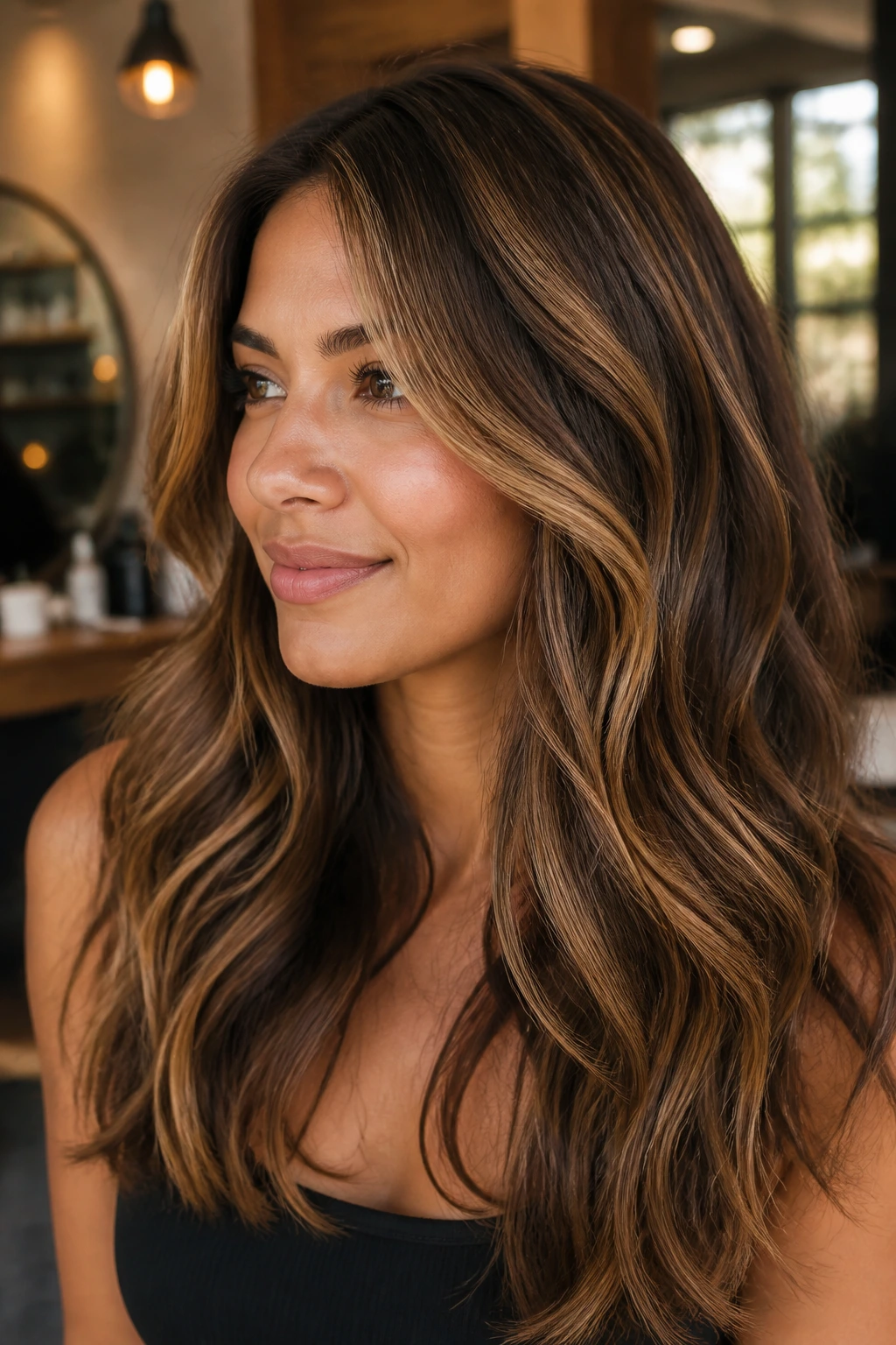 Close-up of brunette hair with golden walnut highlights and lowlights