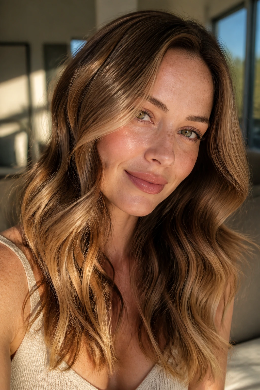 Portrait of a woman with golden walnut hair in soft waves in a sunlit room