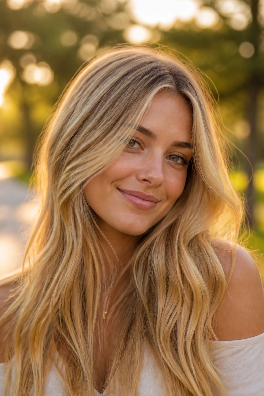 Close-up of a real woman with golden wheat blonde in sunlit length.