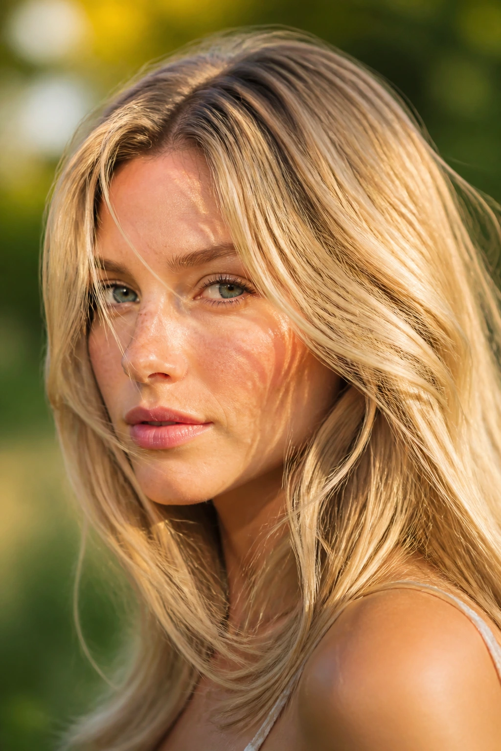 Close-up of a real woman with golden wheat blonde hair in natural outdoor light