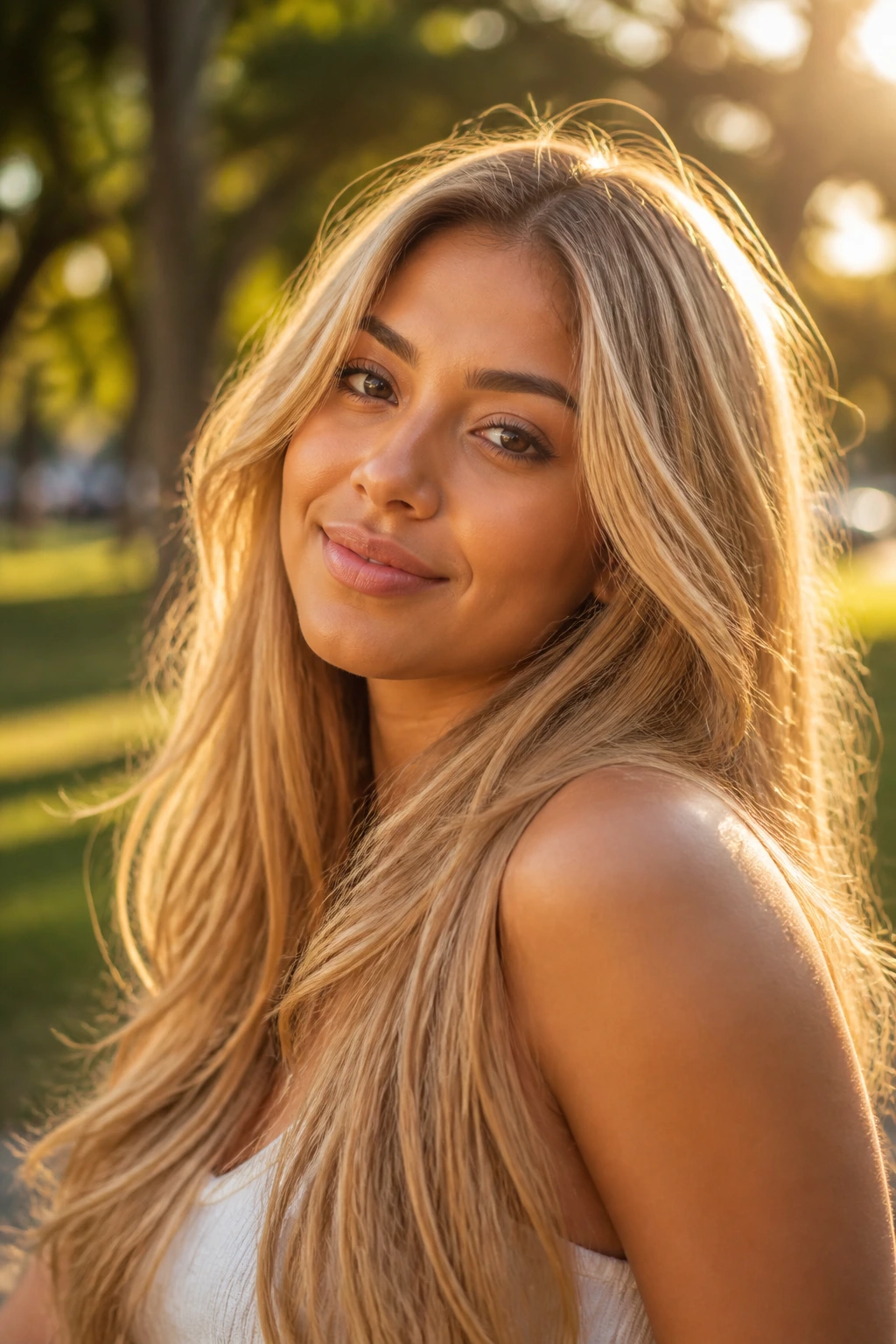 Real-woman portrait with golden wheat blonde hair in golden hour light