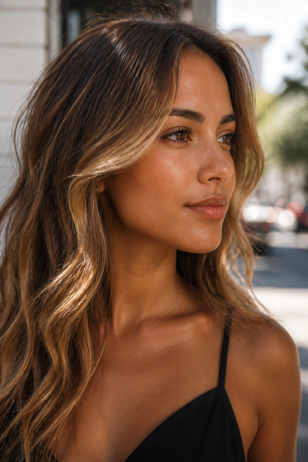 Real woman with contouring golden wheat highlights around temples and outer cheeks