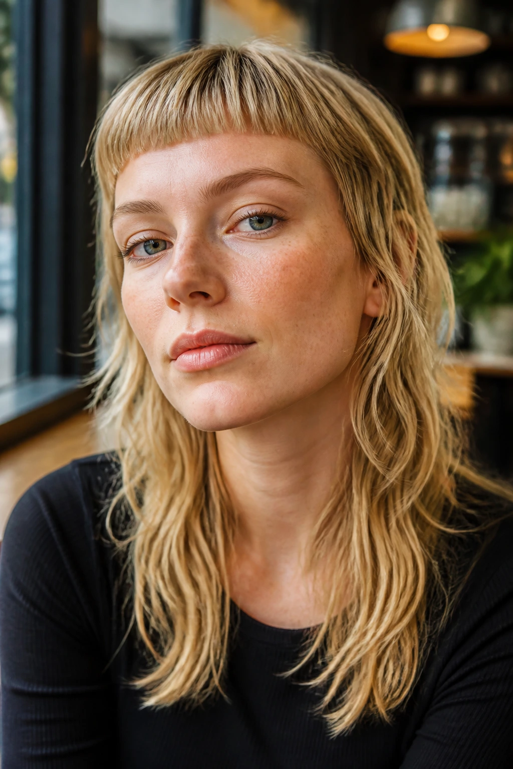 Close-up portrait of a real woman with golden wheat micro fringe and textured hair