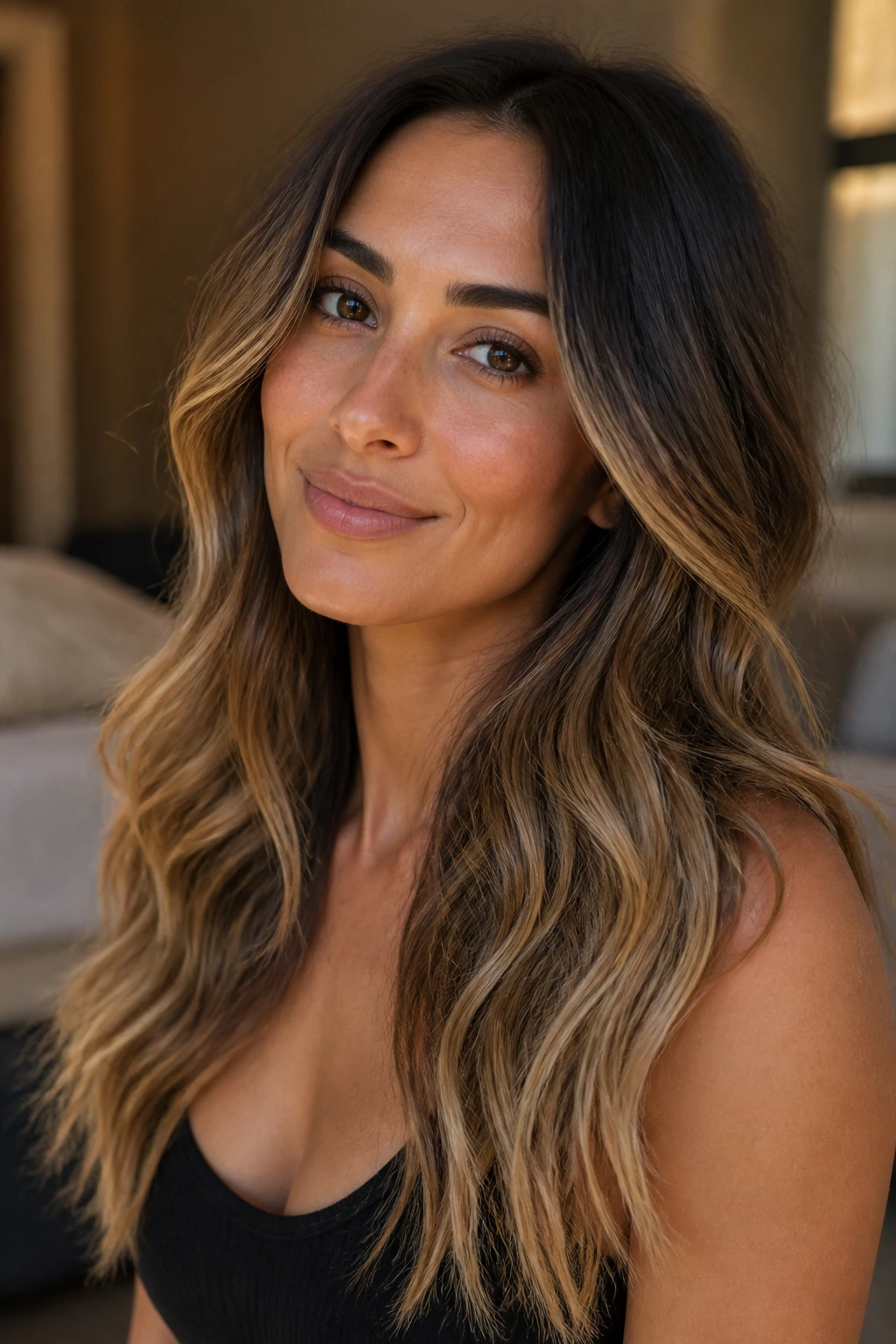 Close-up of real woman with golden wheat ends on rooted brunette and olive skin.