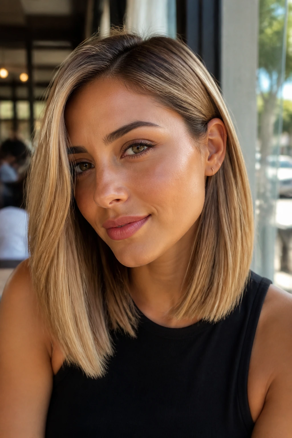 Close-up of a real woman with a sleek golden wheat lob and beige-gold tones.