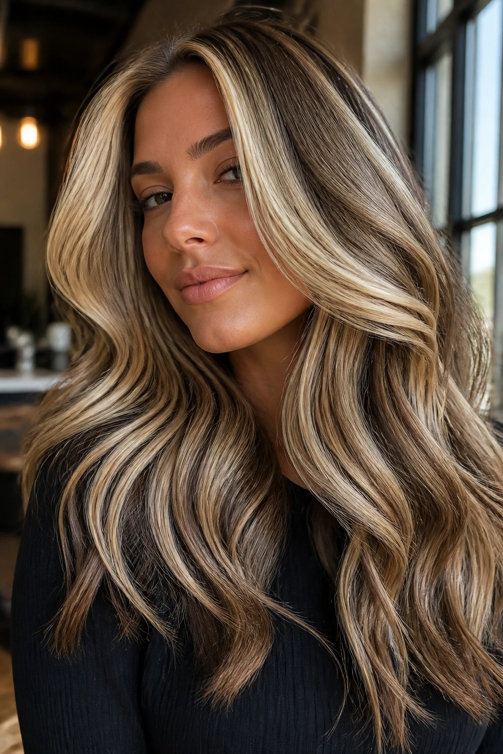 Close-up portrait of a real woman with goldleaf chunky accents in glossy beige-gold hair