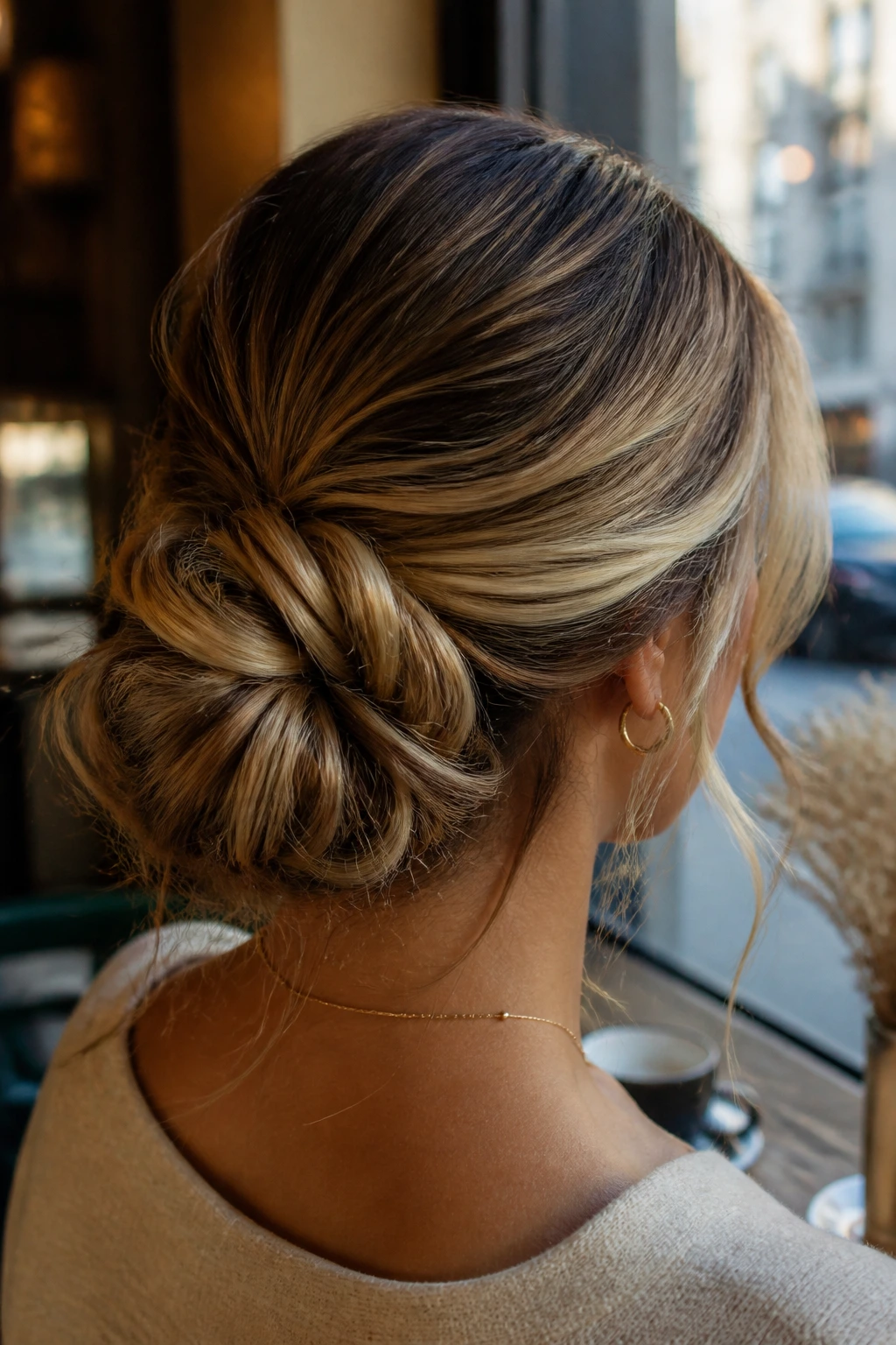 Back-of-head portrait with goldleaf balayage low bun on olive skin in warm cafe setting
