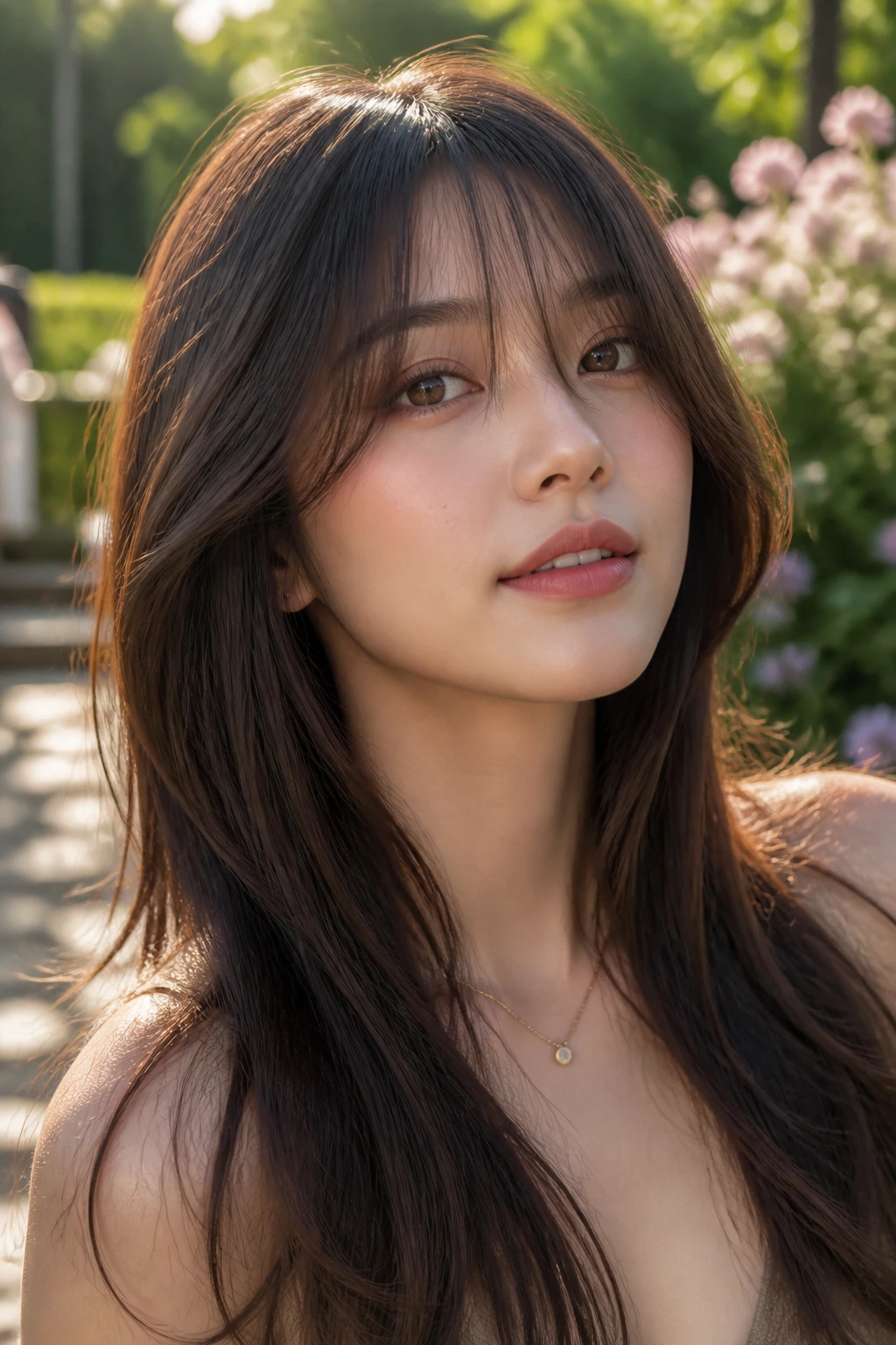 Close-up portrait of a person with fringe growing out gracefully in a garden setting