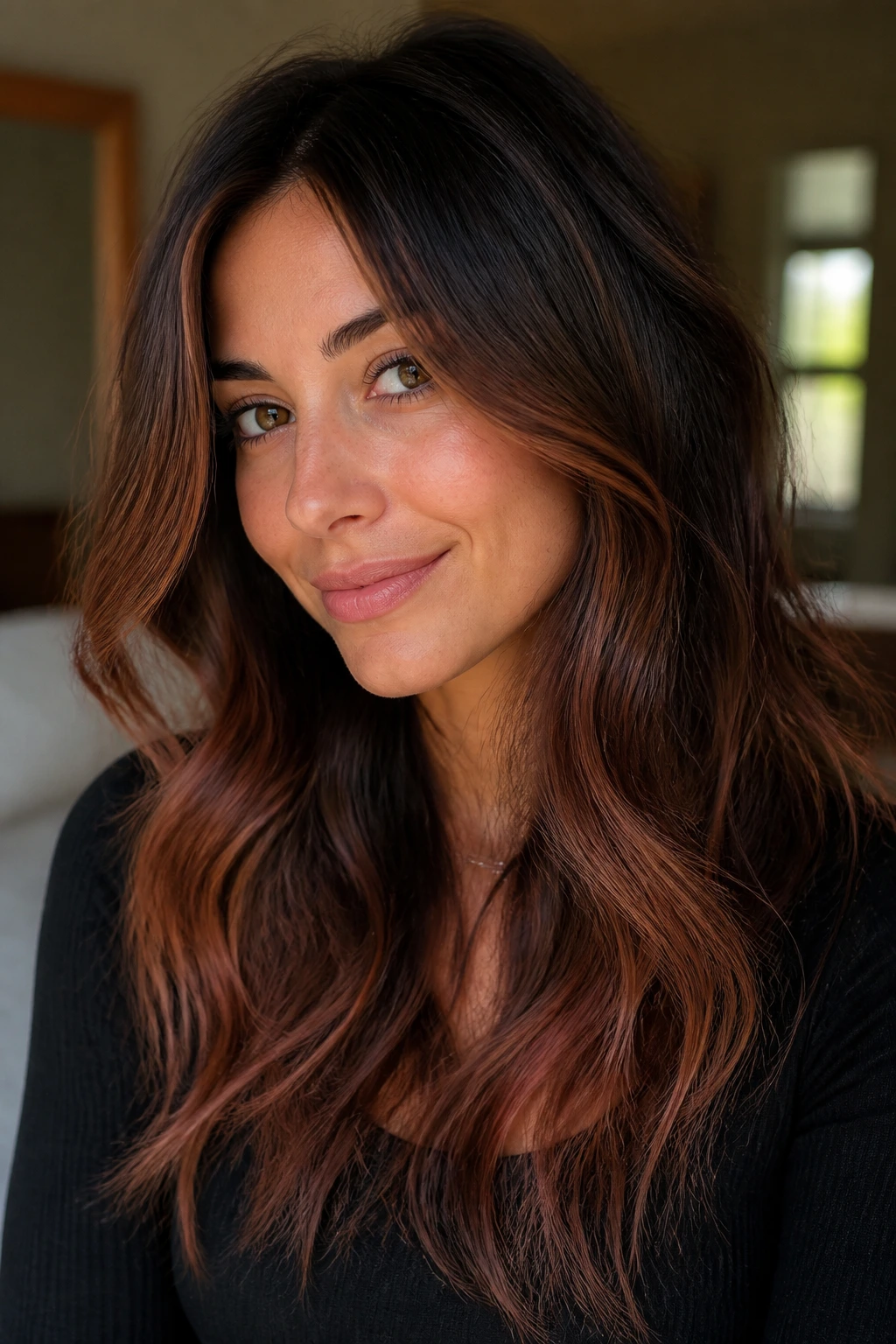 Close-up portrait of a real woman with gentle strawberry glaze on dark hair