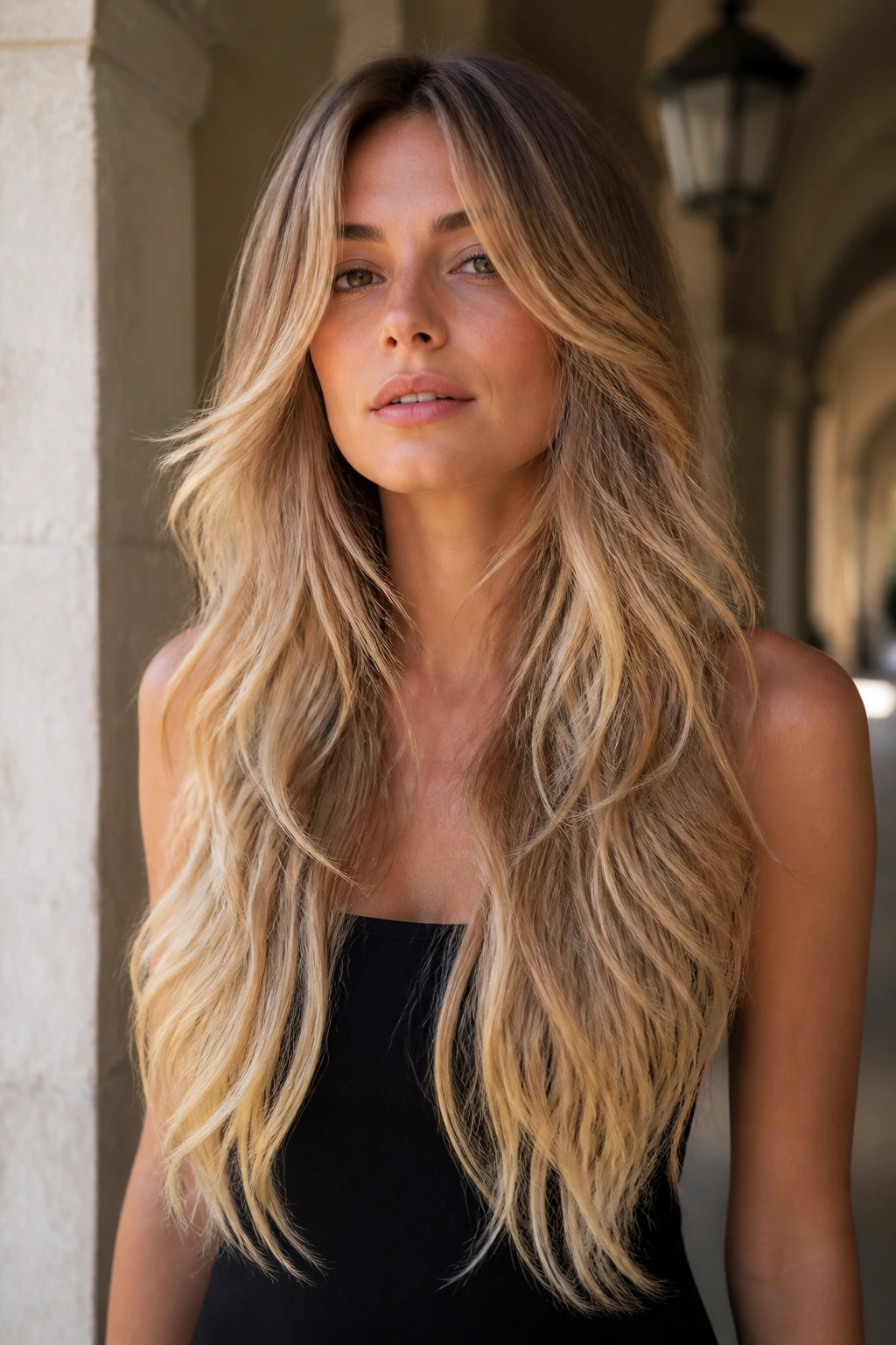 Close-up portrait of a real woman with gradient blonde shag from collarbone to waist