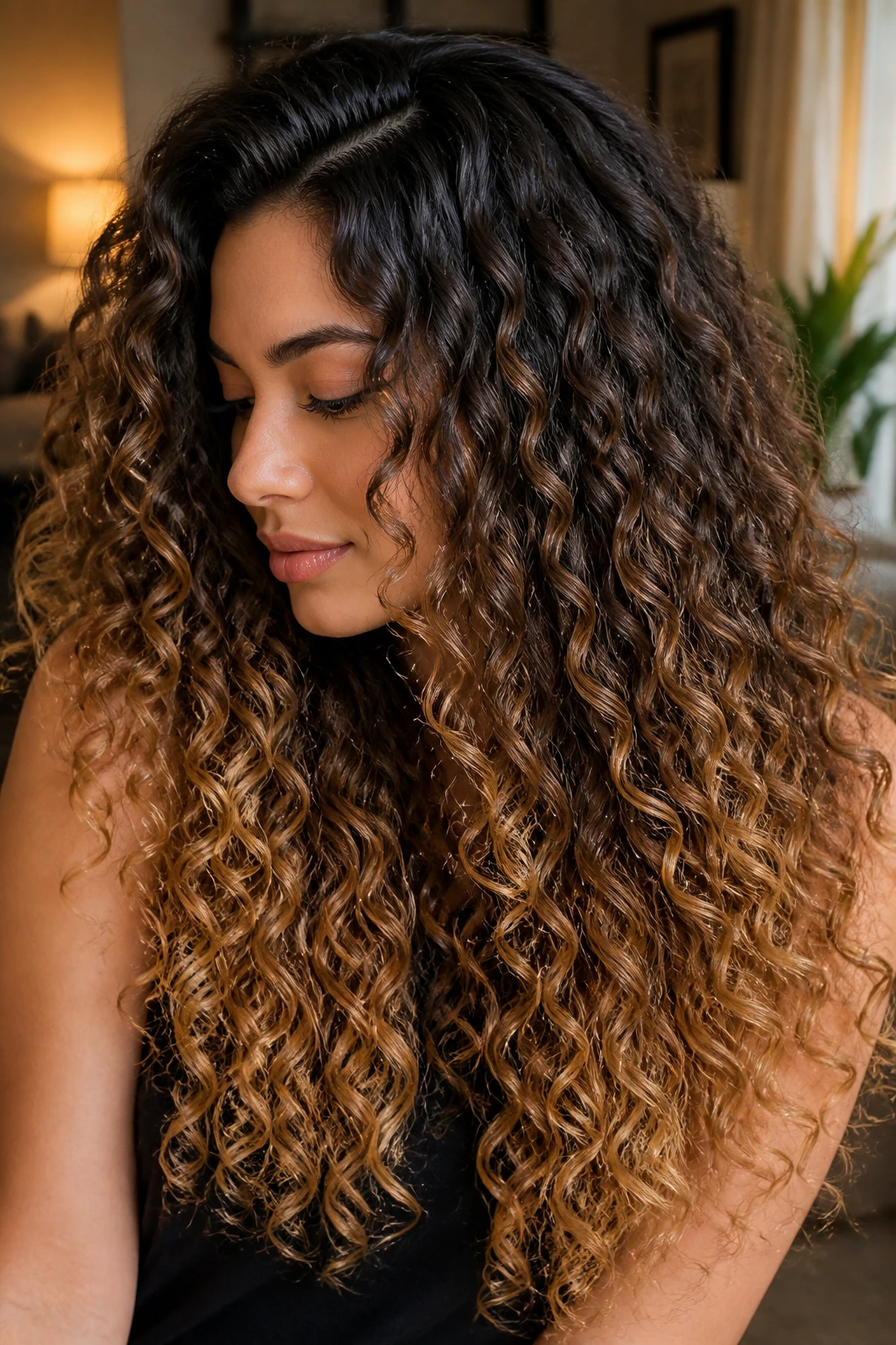 Close-up of curly hair gradient from dark roots to light ends