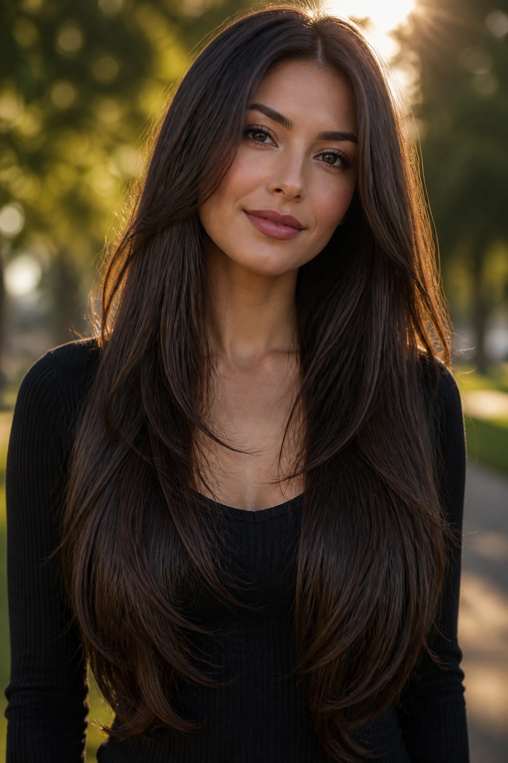 Close-up portrait of a real woman with collarbone-to-waist gradient layers.