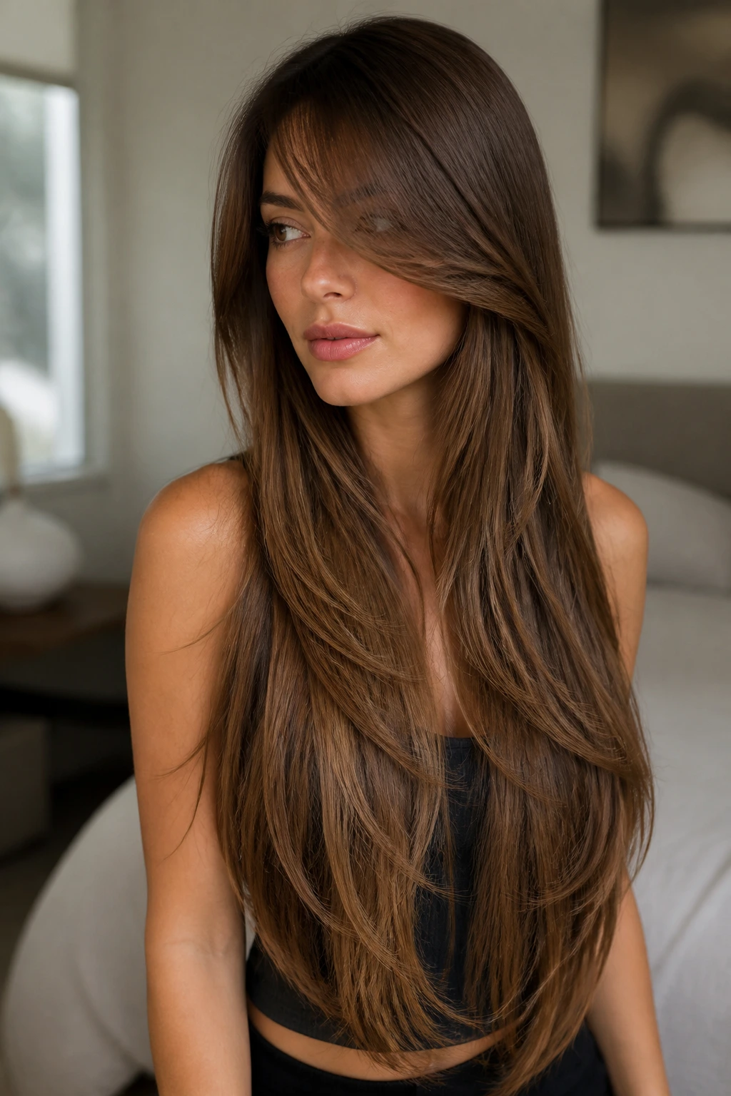Real woman with collarbone-to-waist gradient layers in long hair