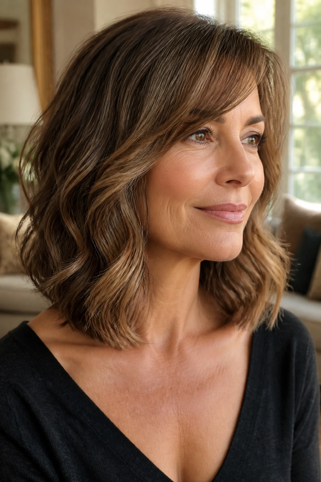 Close-up portrait of a real woman with gradient lob from chin to collarbone.
