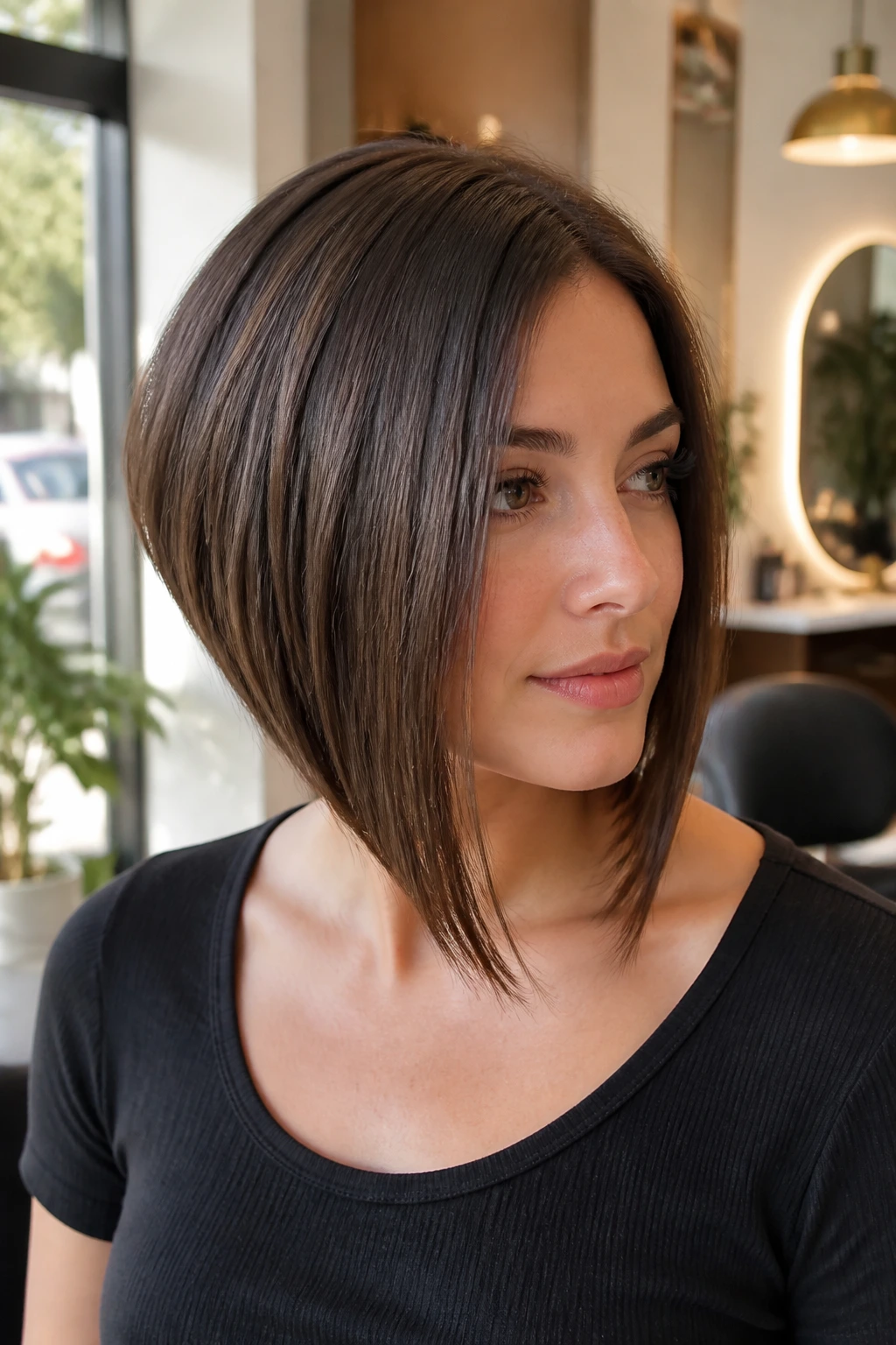 Close-up of a real woman with a graduated A-line bob, strong silhouette and forward-falling front