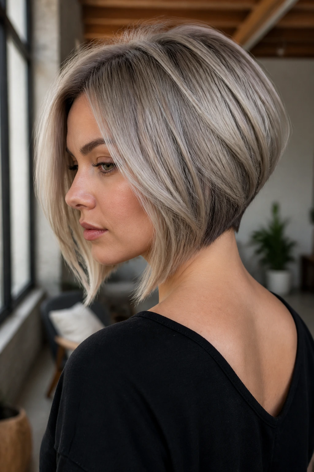 Three-quarter portrait of a woman with graduated ash bob hairstyle