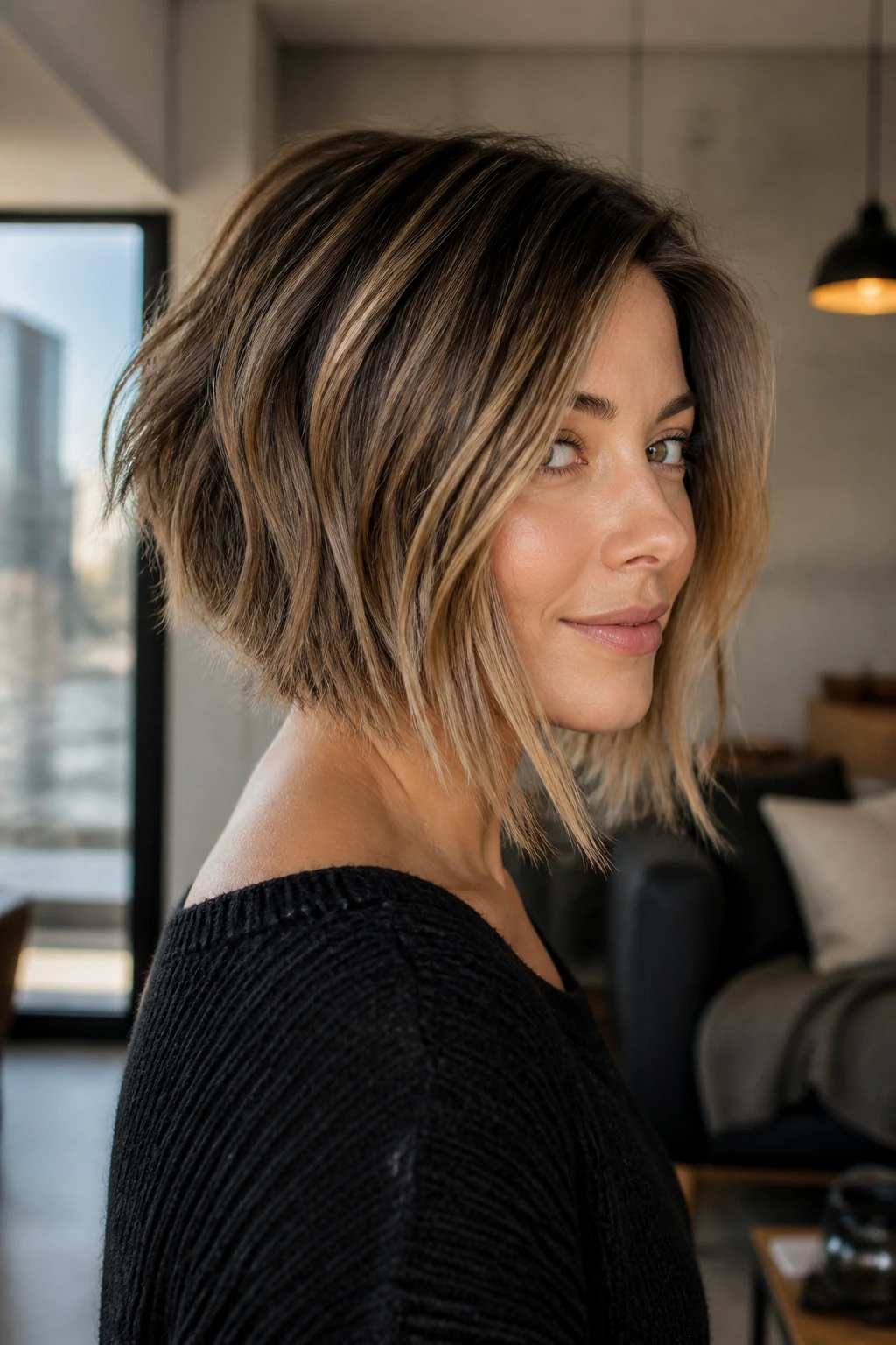 Three-quarter portrait of a real person with a graduated choppy bob showing stacked back and longer front