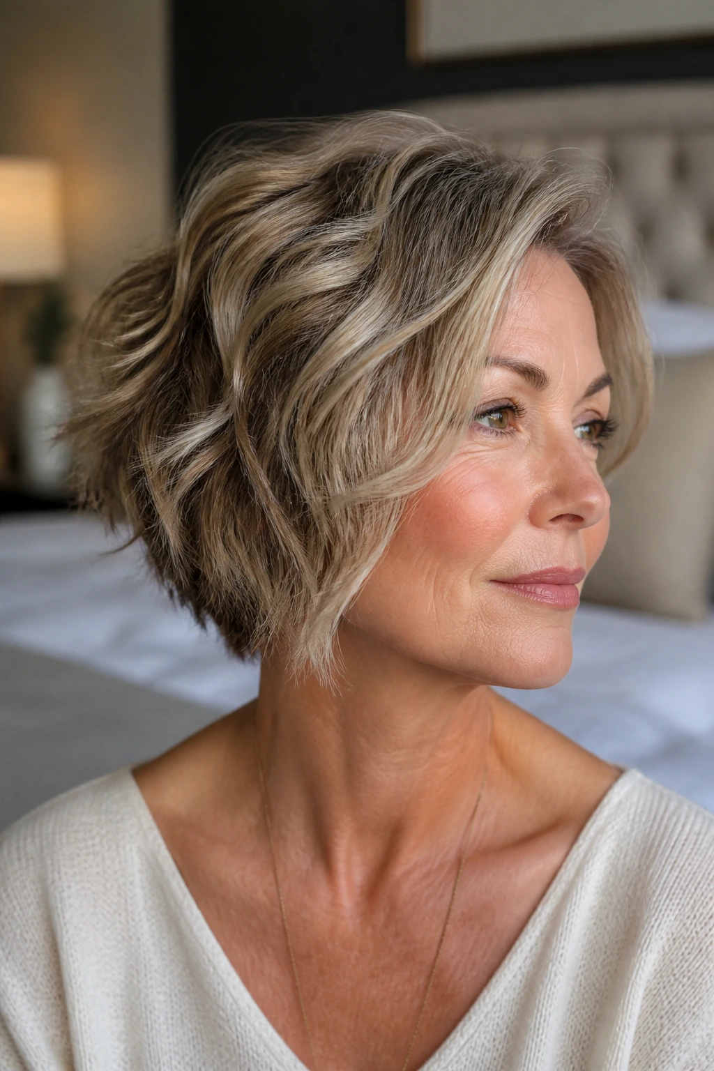 Close-up of a real woman with a graduated bob and airy ends