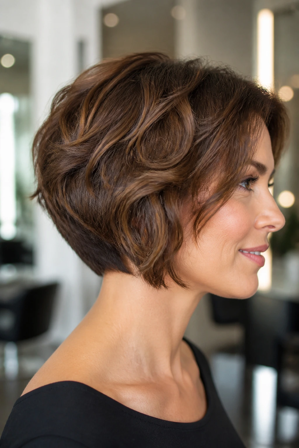 Real woman with graduated bob built-up back in profile view