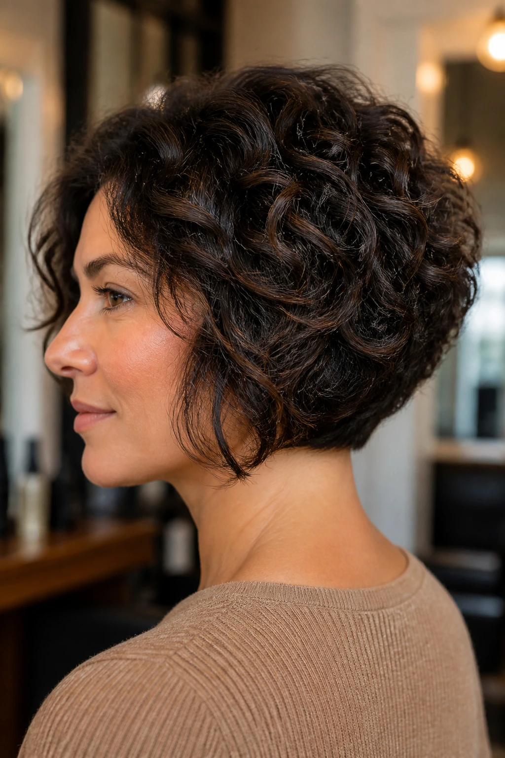 Three-quarter view of a woman with a graduated bob showing fuller back