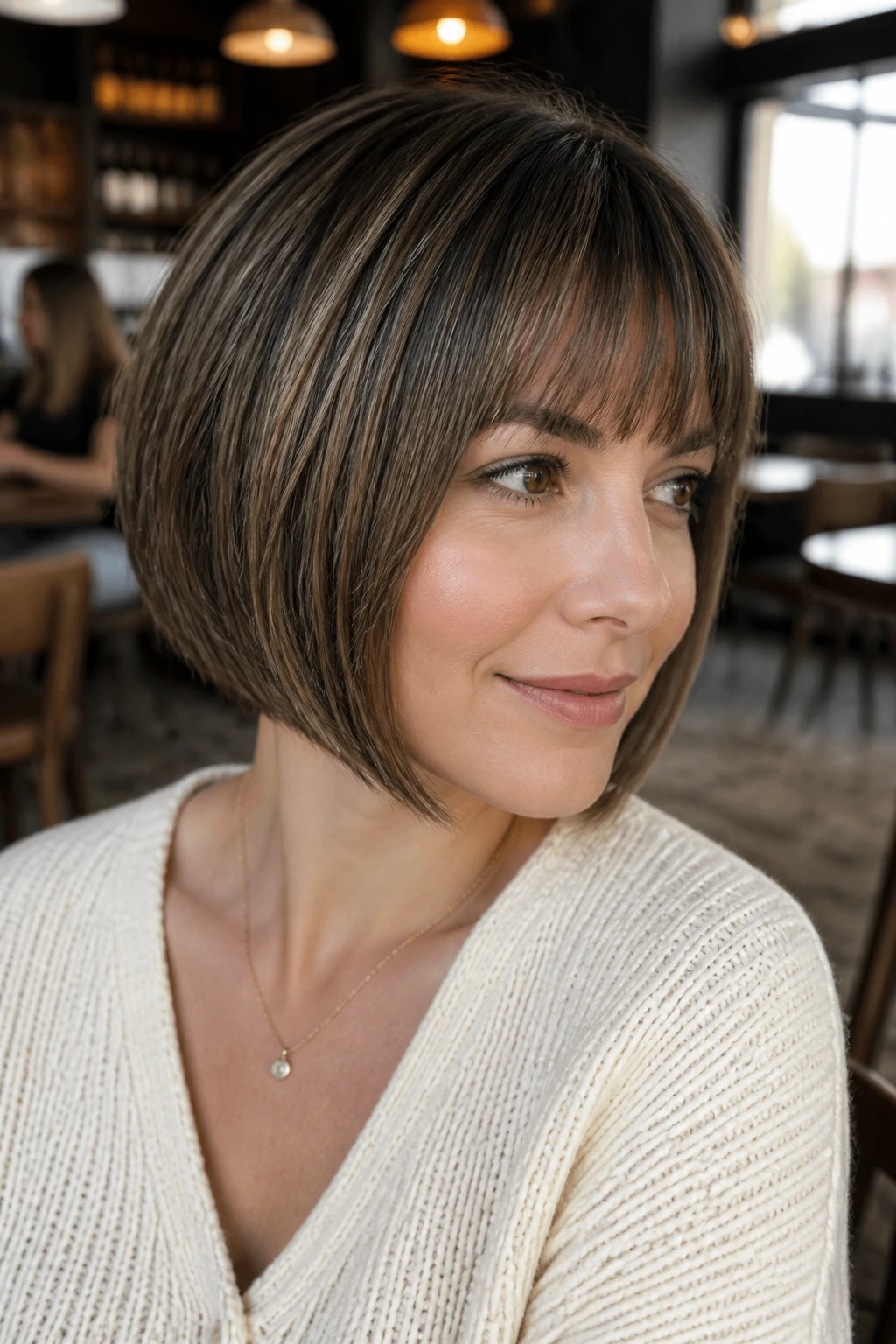 Close-up portrait of a real woman with graduated A-Line Bob and soft bevel bangs