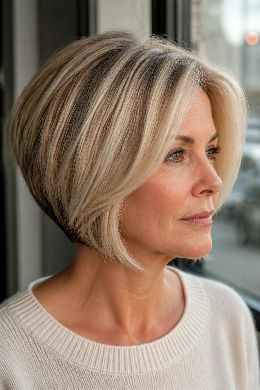 Real woman with graduated bob and cool blonde ribbons.