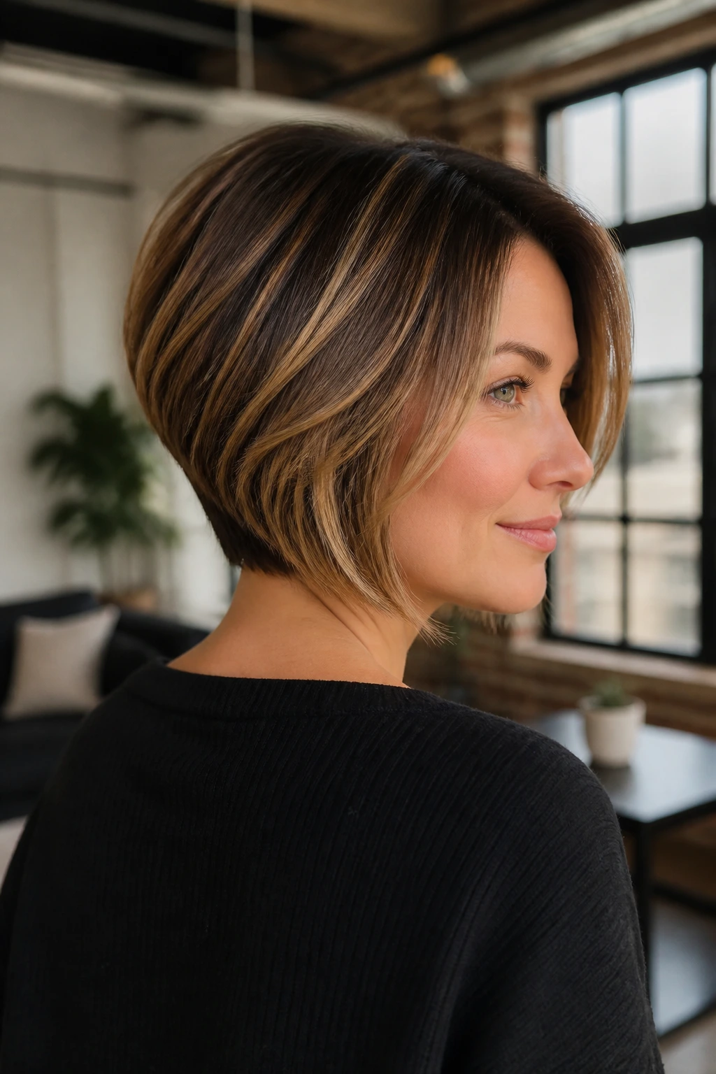 Portrait of a real woman with a graduated bob and caramel lowlights in an urban loft