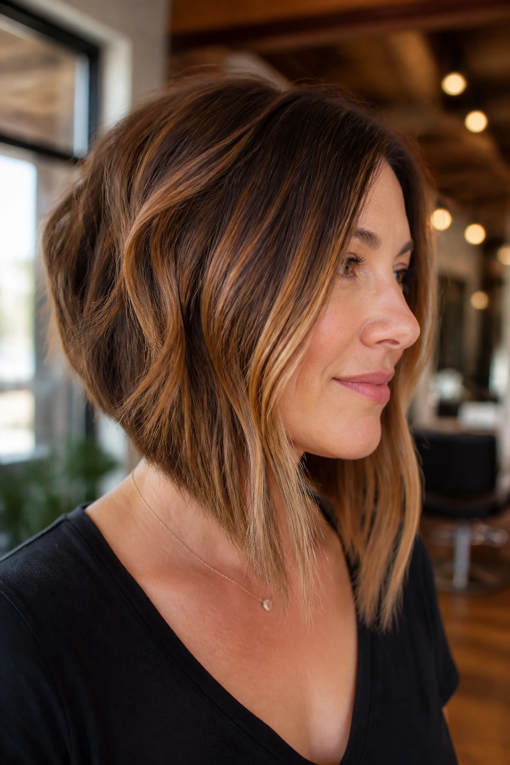 Close-up of a real woman with a long-front graduated bob and caramel sweep