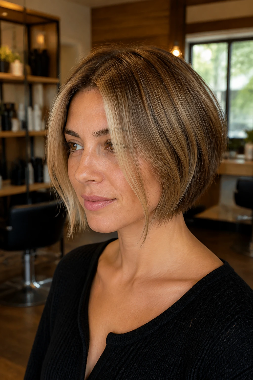 Close-up portrait of a real woman with a Graduated Bob and floating center part in a warm salon.