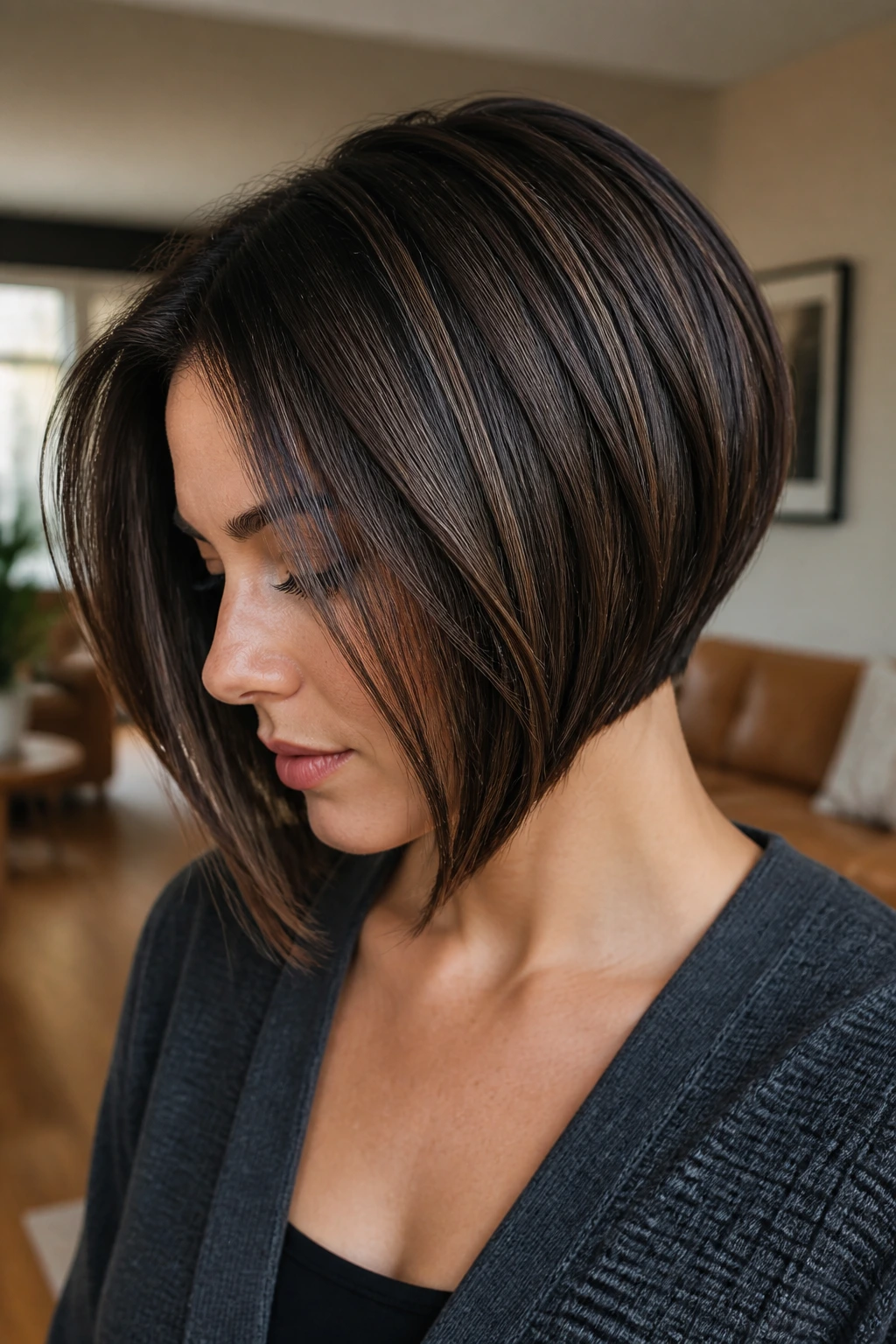 Close-up of a real woman with a graduated bob showing cool brown paneling at the back.