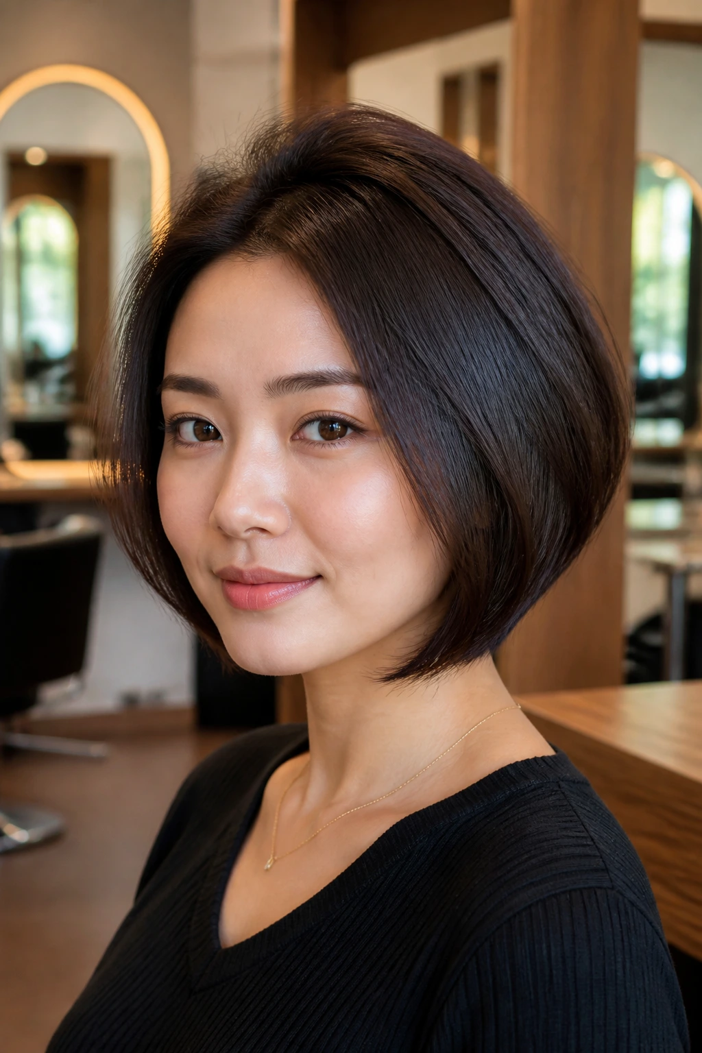 Close-up of a real woman with graduated bob and crown lift.