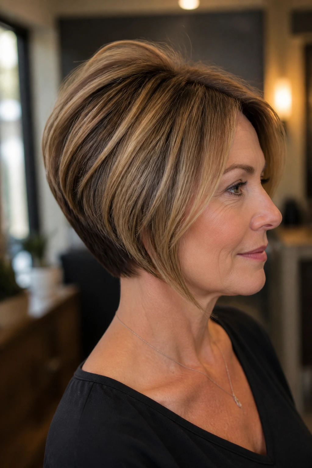 Close-up of a real woman with Graduated Bob with Crown Lift featuring caramel highlights on the crown.