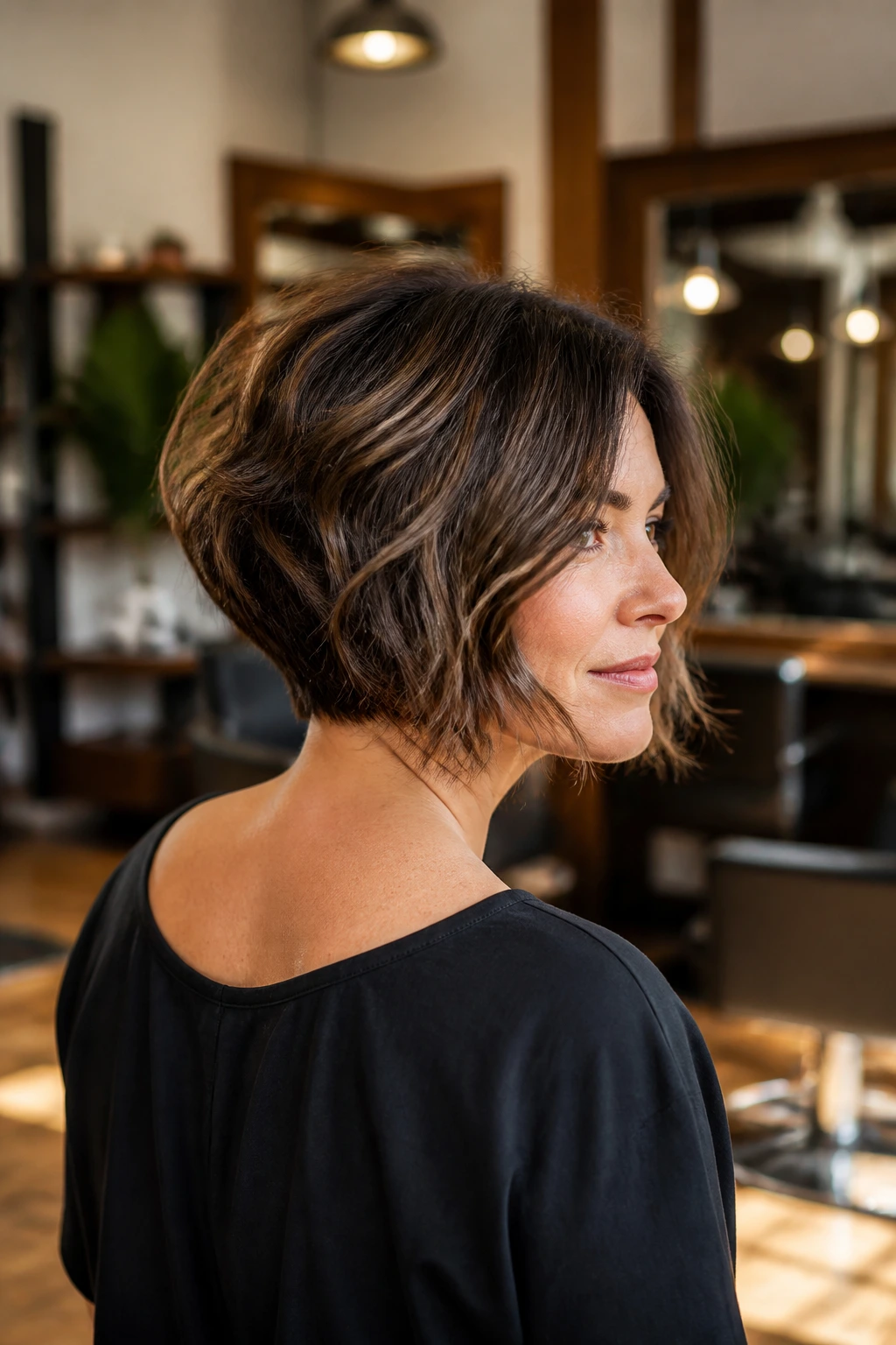 Three-quarter portrait of a real person with graduated bob and crown lift in a salon