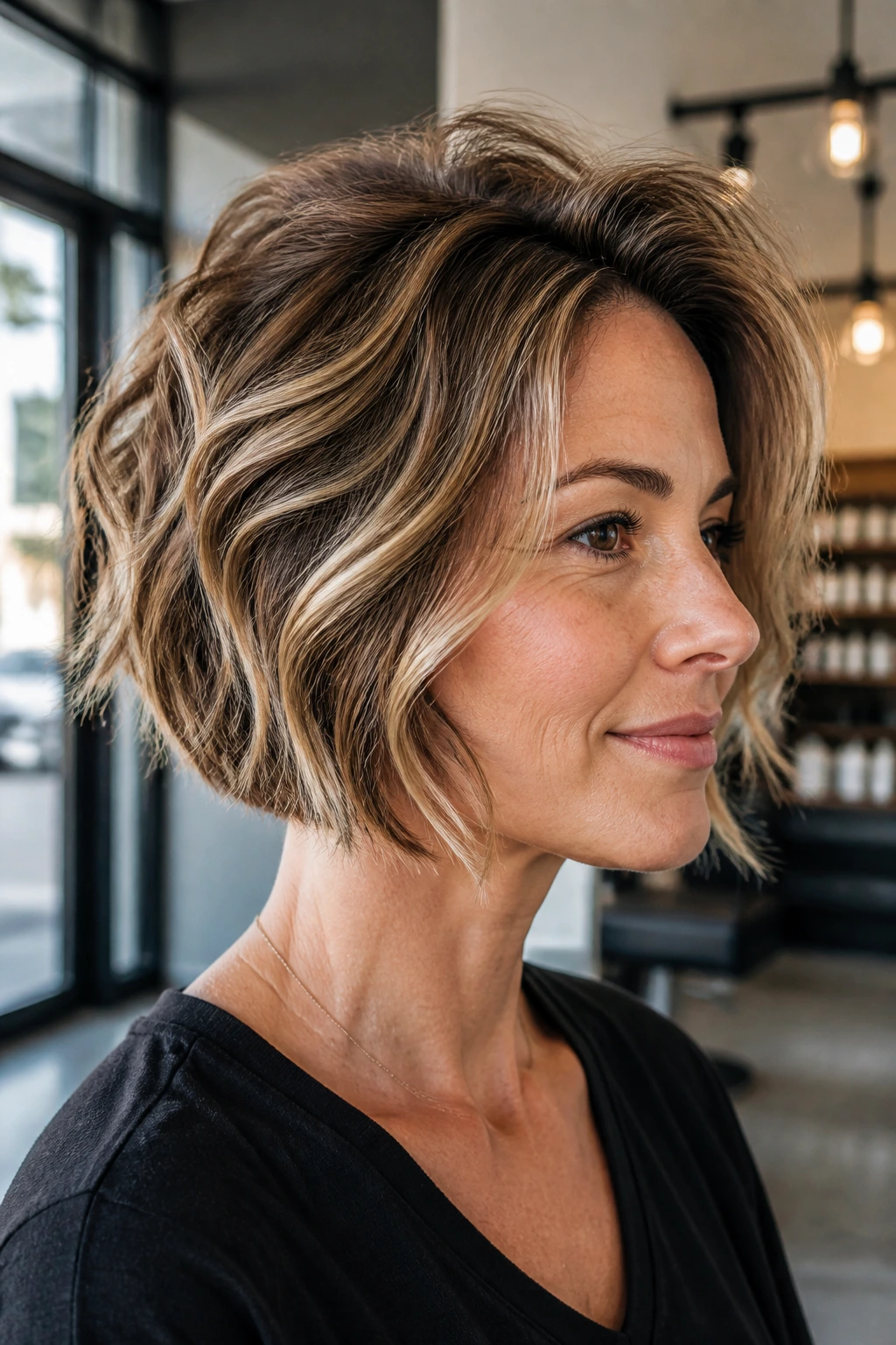 Close-up of a real woman with Graduated Bob With Lift at the Crown featuring crown lift and loose waves