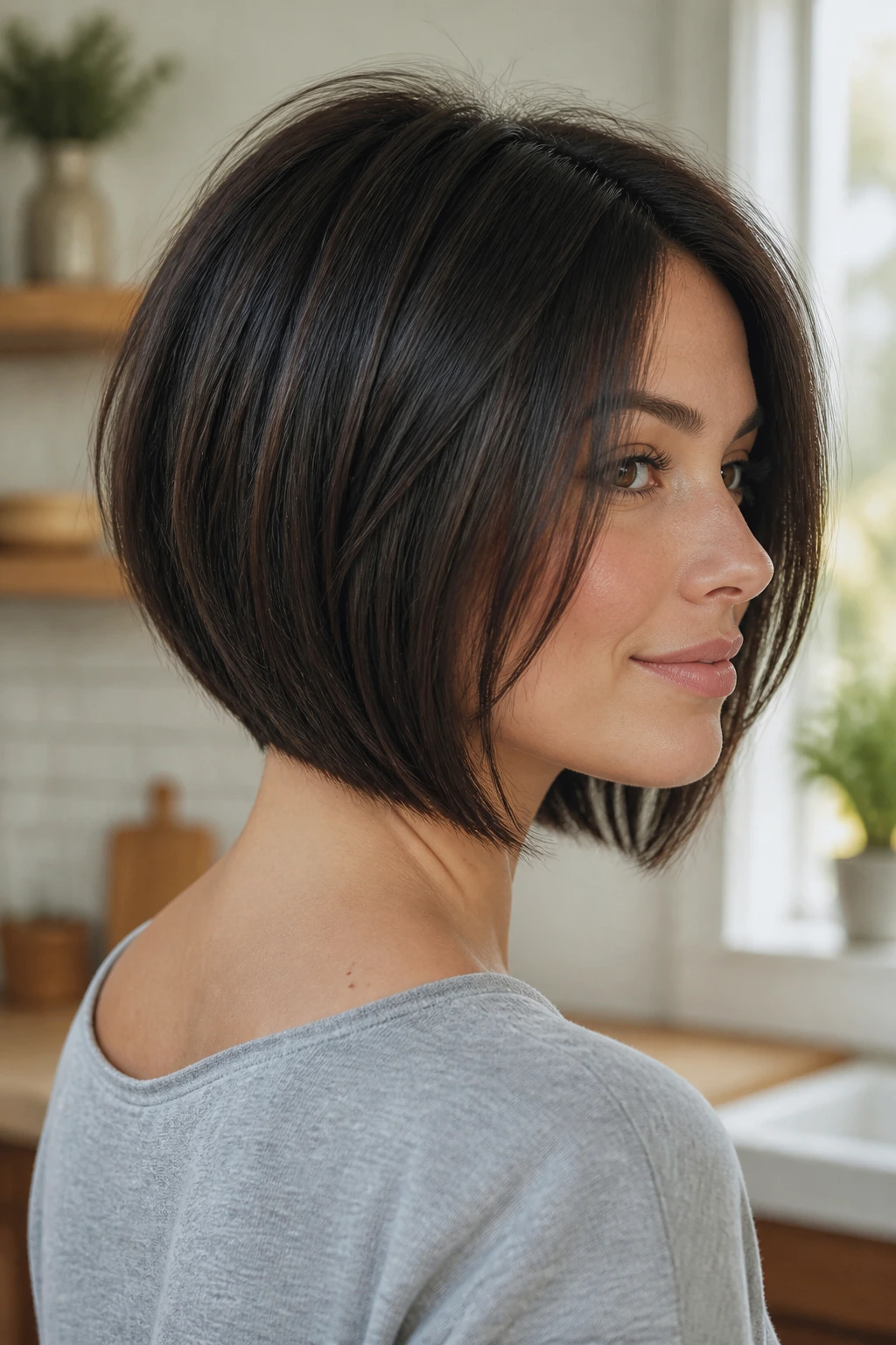 Close-up of a real woman with a graduated bob showing lifted nape and longer front
