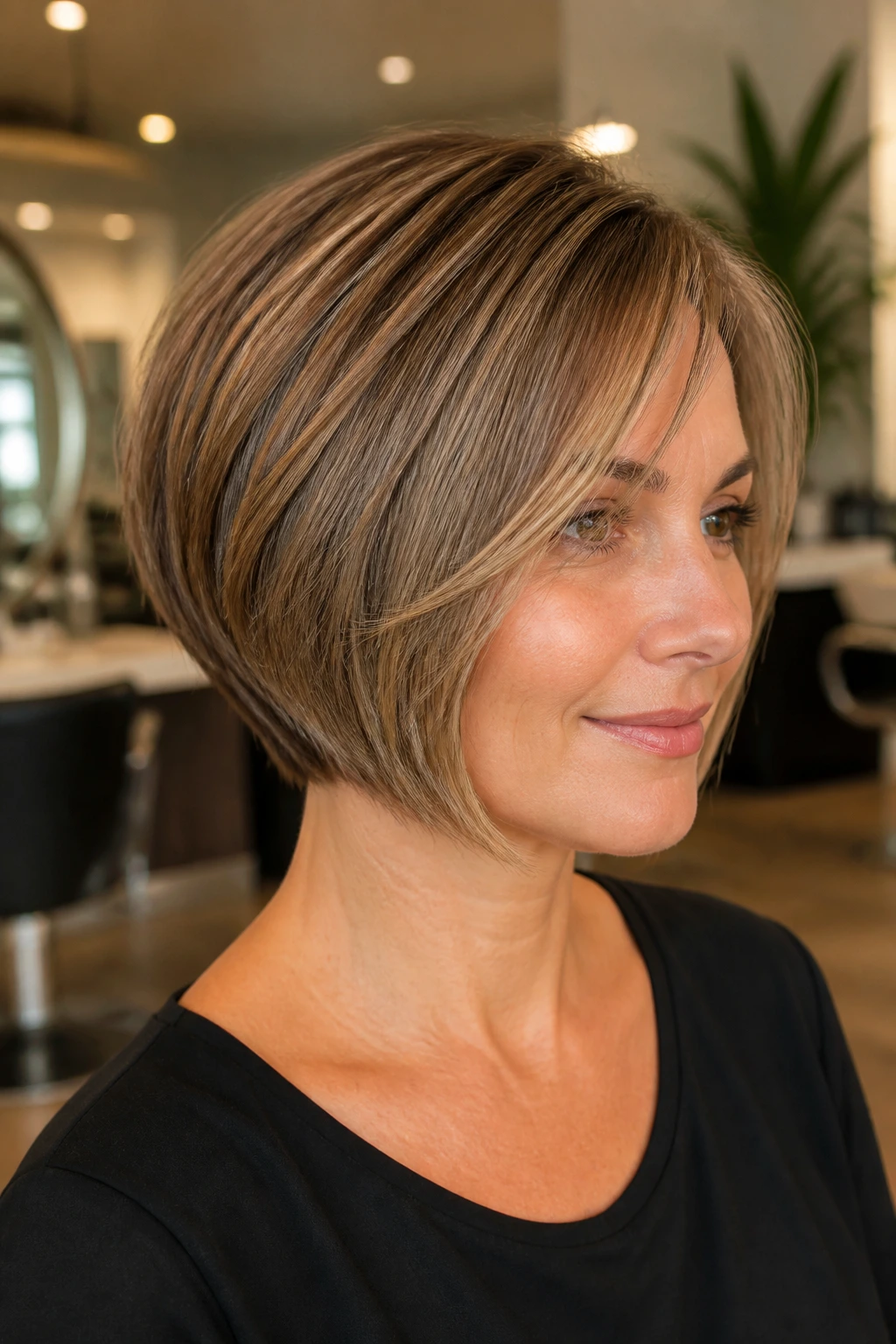 Three-quarter view of a real woman with a graduated bob showing stacked back and front framing.