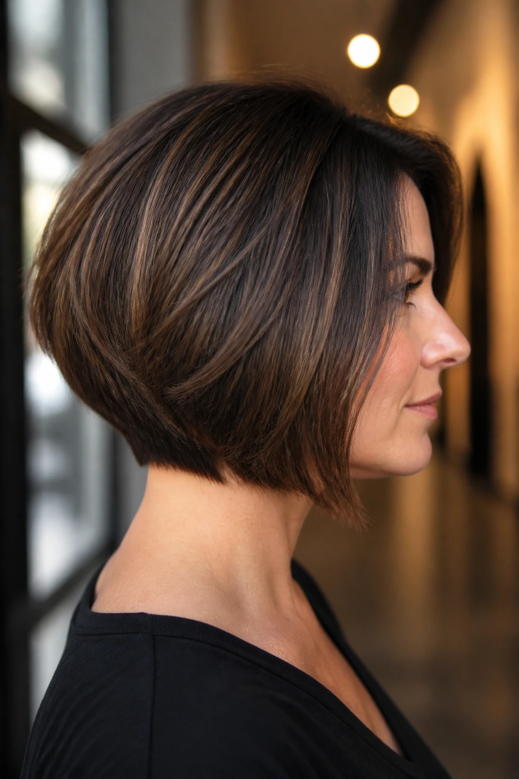 Side-profile of a real woman with a graduated bob and hidden debulking