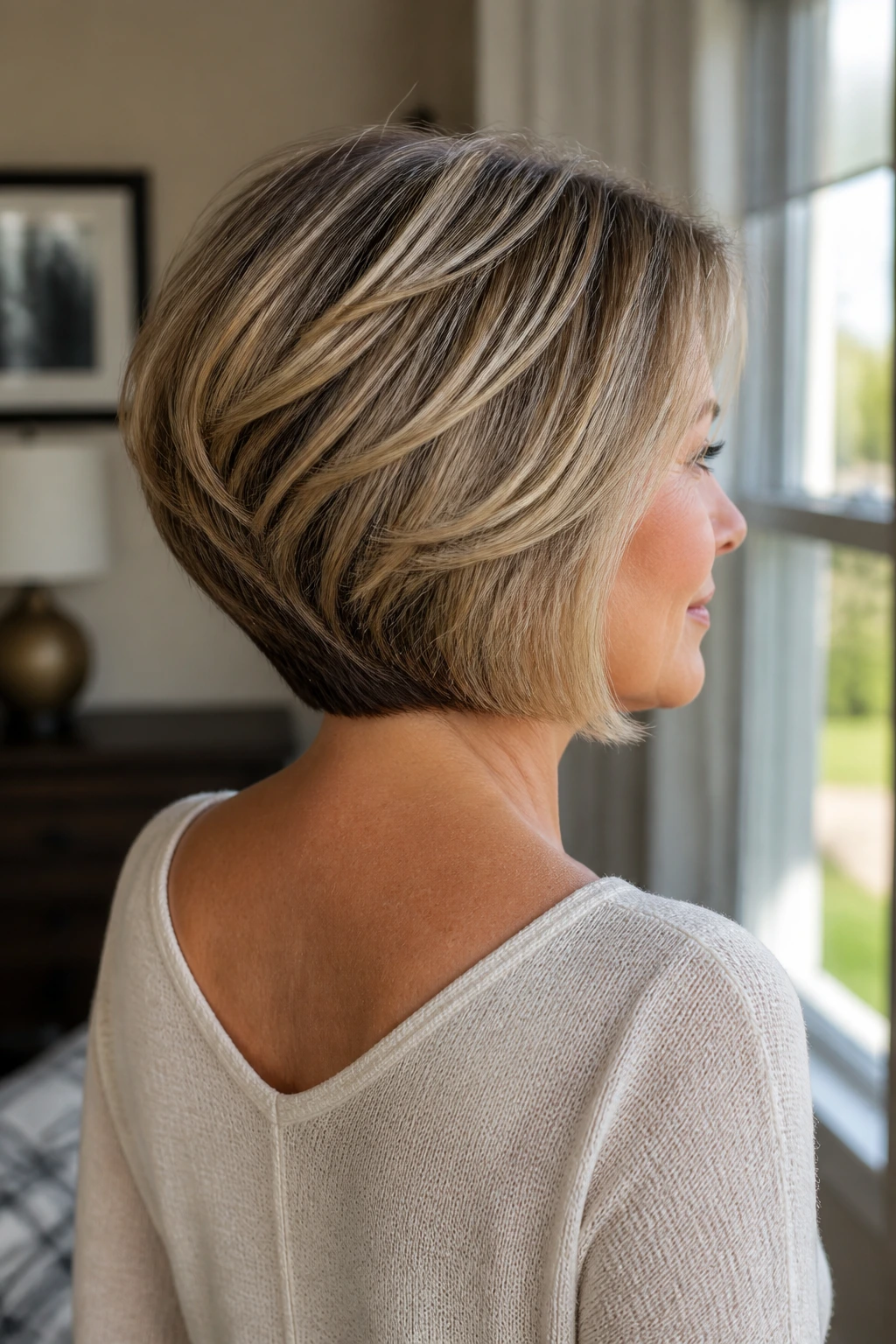 Three-quarter rear view of a real woman with a graduated bob showing hidden layers