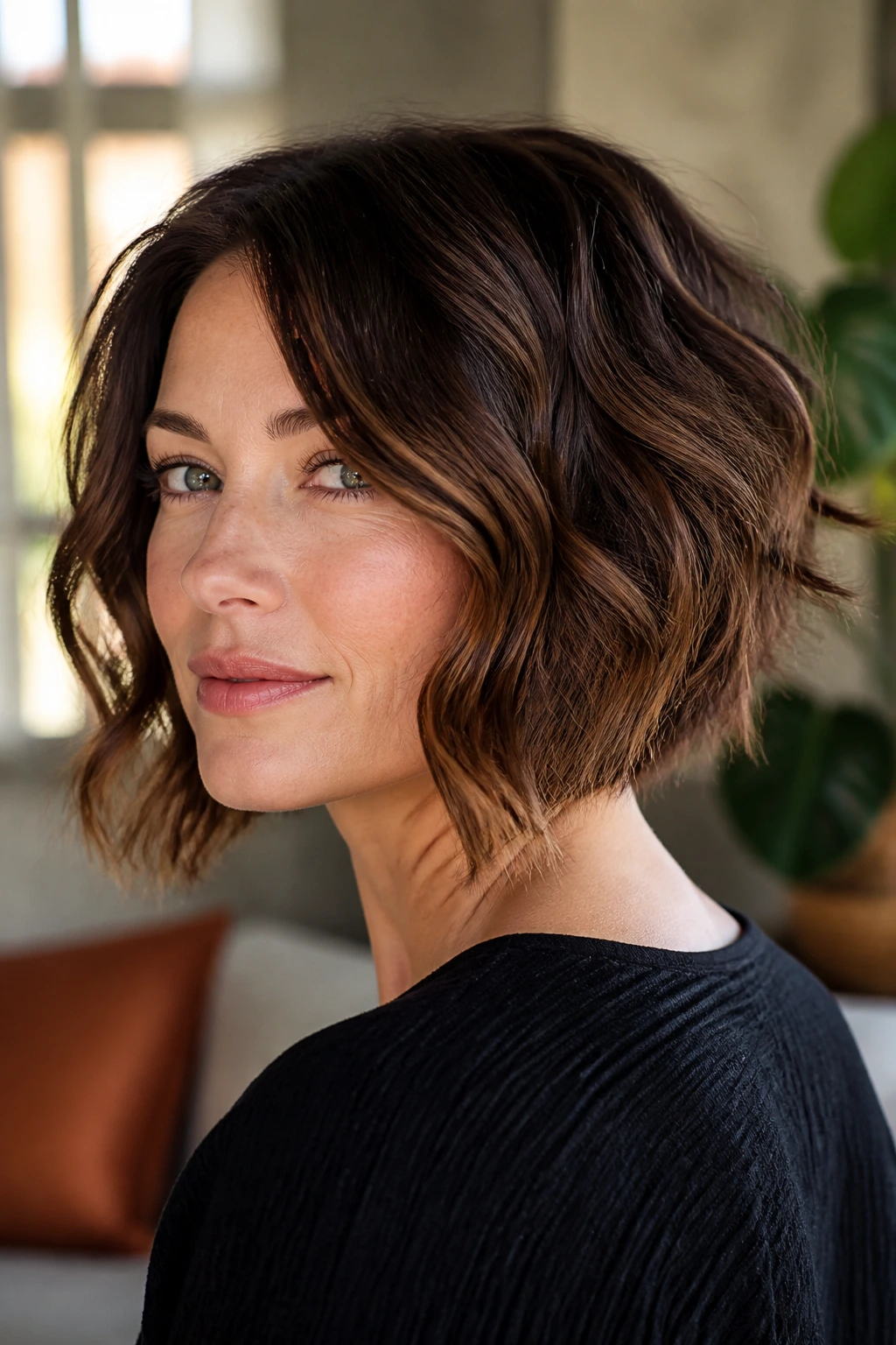 Close-up of a real woman with a graduated bob featuring hidden layers in natural window light