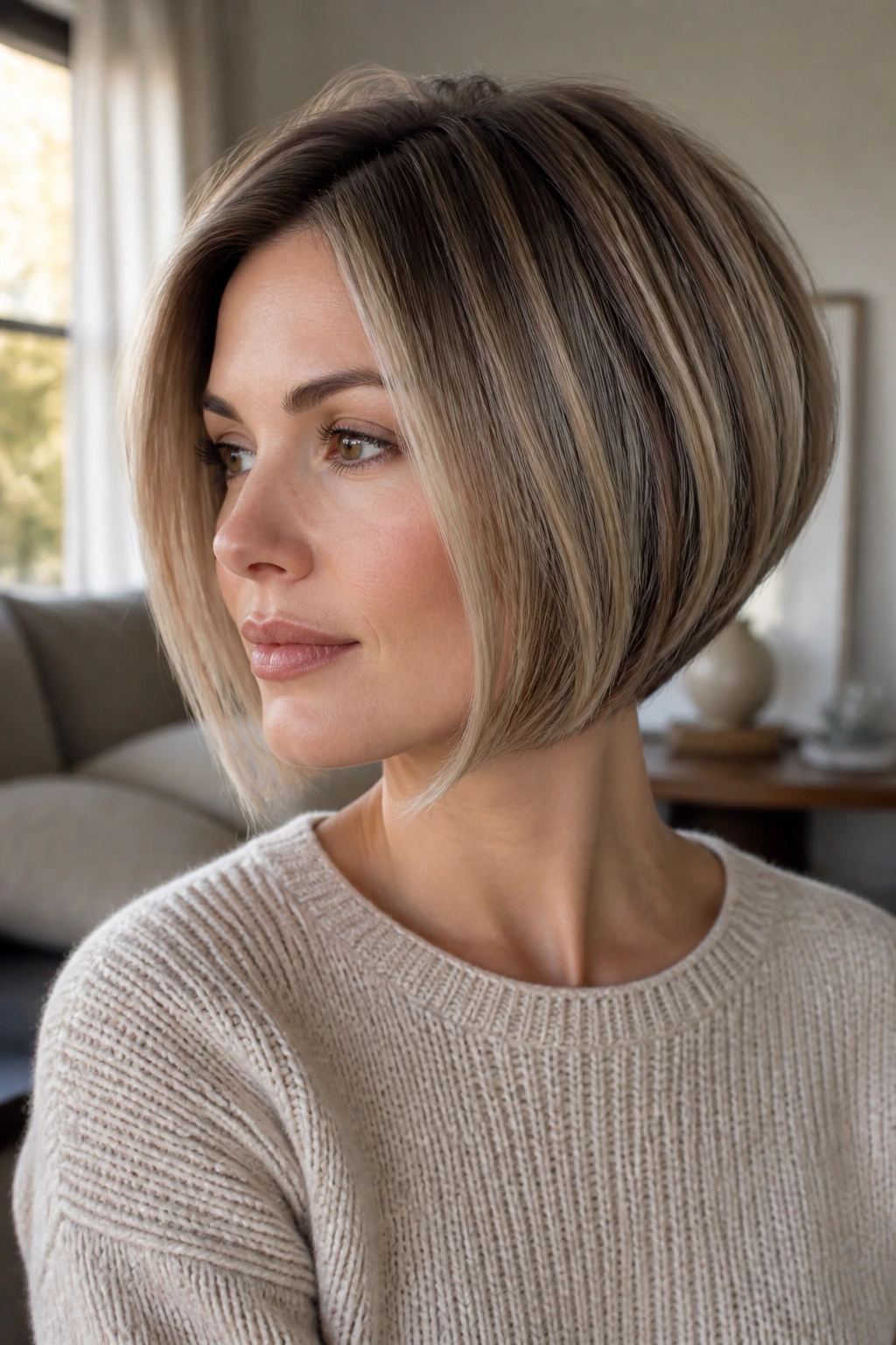 Close-up portrait of a real woman with a graduated bob and hidden lift at the nape