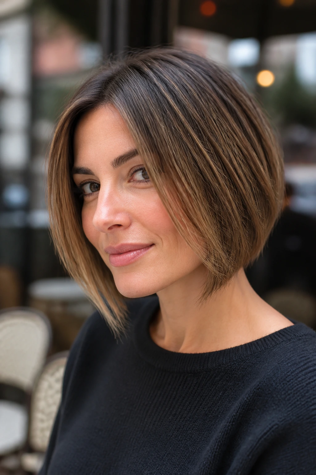 Close-up portrait of a real woman with a graduated bob and longer front pieces