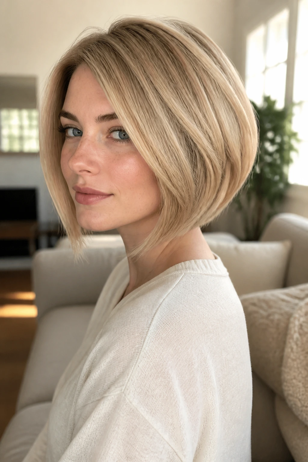 Close-up of real woman with graduated bob milk tea blonde
