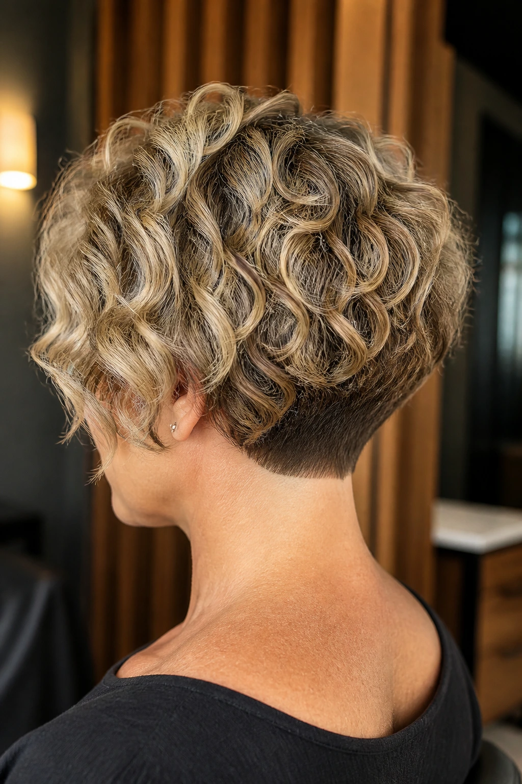 Back and side view of a real woman with graduated bob and clean nape line