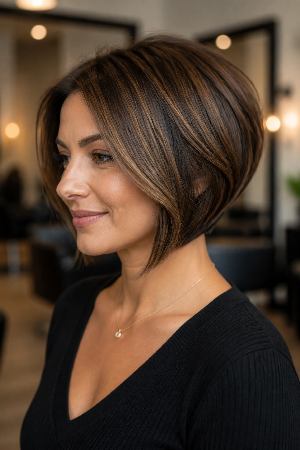 Real woman with a graduated bob showing rear lift and front length
