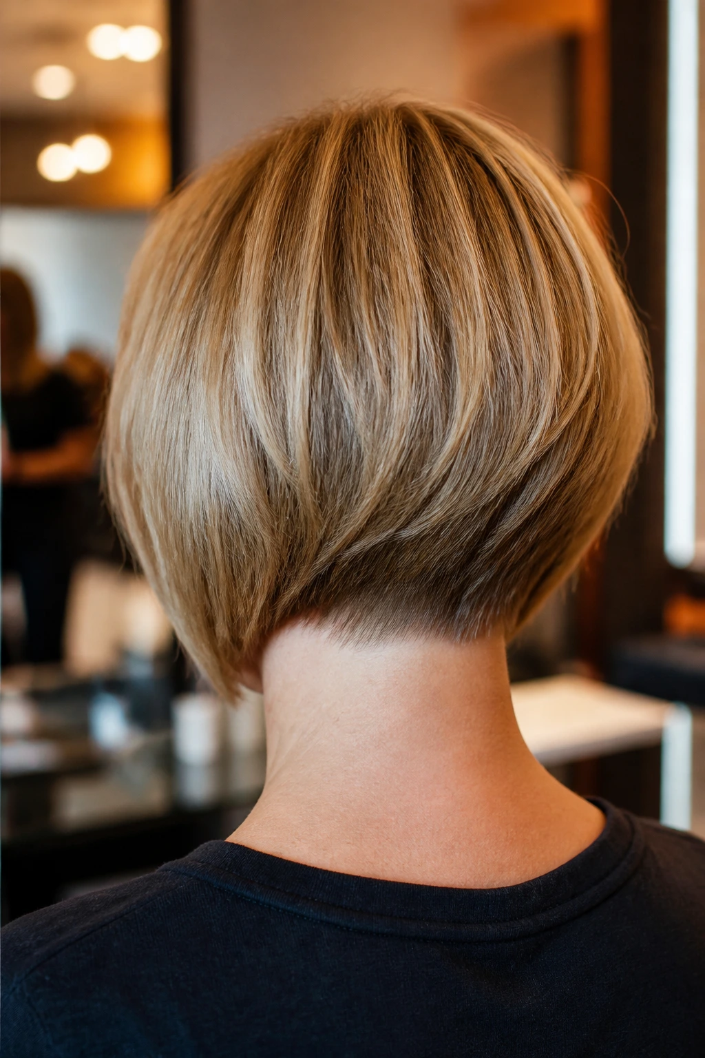 Back view of a real woman with a graduated bob showing visible nape lift.