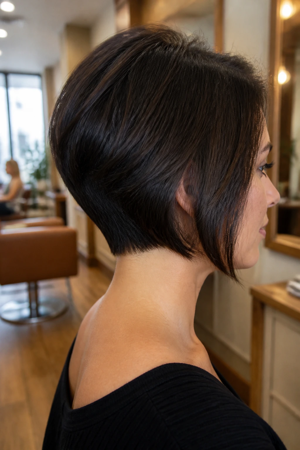 Three-quarter portrait of a real woman with graduated bob showing nape lift